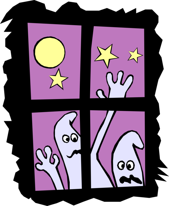 Vector Illustration of Scary Halloween Ghost Phantom, Apparition, Spirit, Spooks Look Through Window