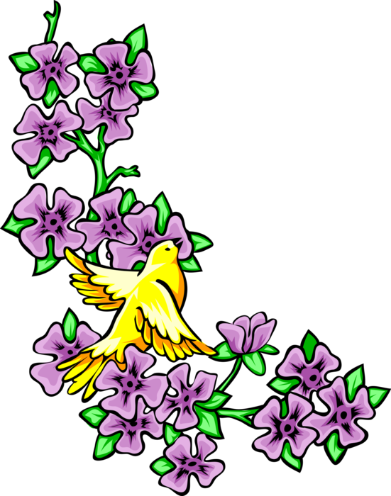 Vector Illustration of Purple Flowers with Yellow Feathered Bird