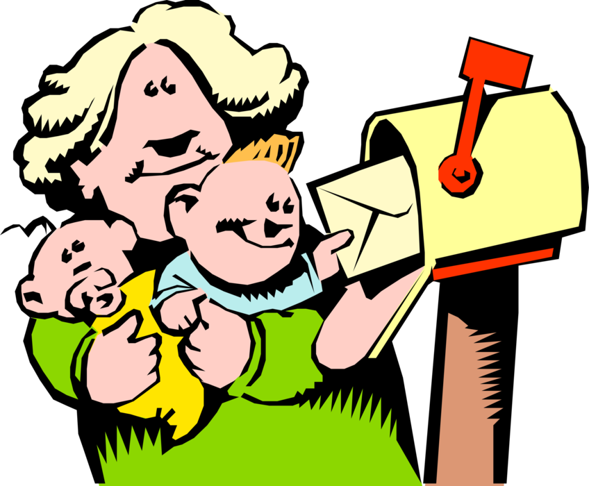 Vector Illustration of Parent Mother with Babies Gets Letter Envelope from Snail Mail Mailbox