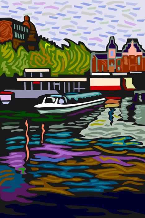 Vector Illustration of Sightseeing Canal Boat Watercraft Vessel, Amsterdam, Holland, The Netherlands