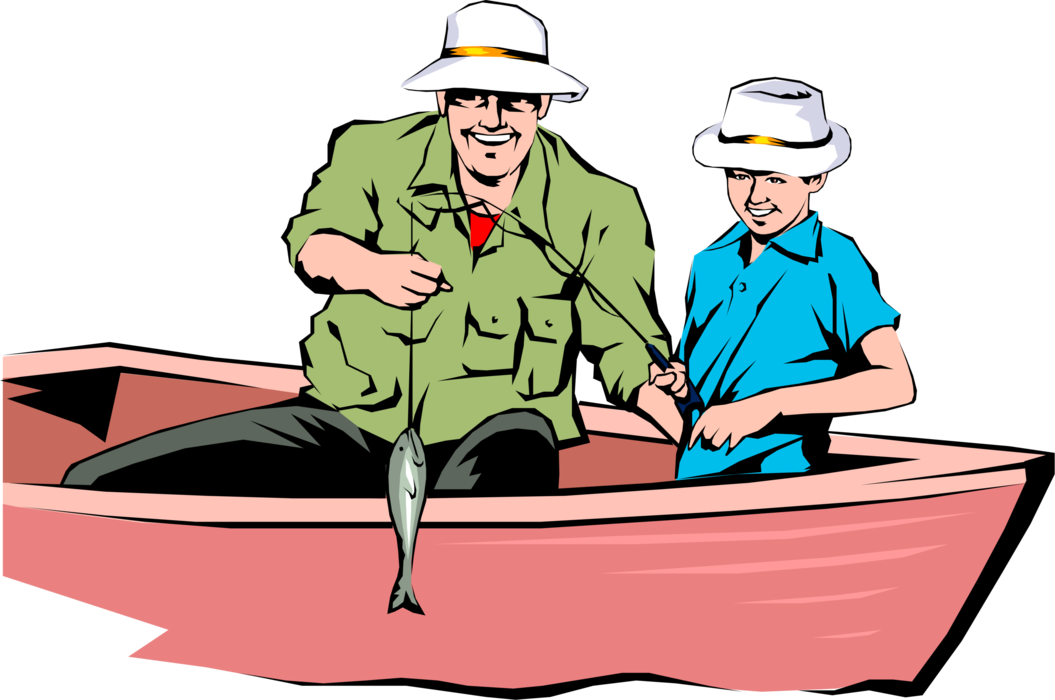 Vector Illustration of Father and Son Fishing Outdoors and Catch Fish