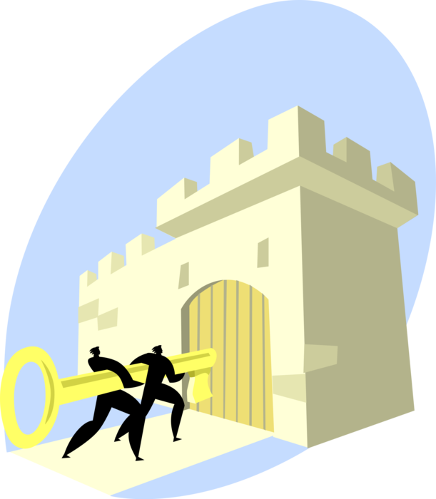 Vector Illustration of Businessman Holds Key to the Kingdom to Unlock Castle Padlock Lock