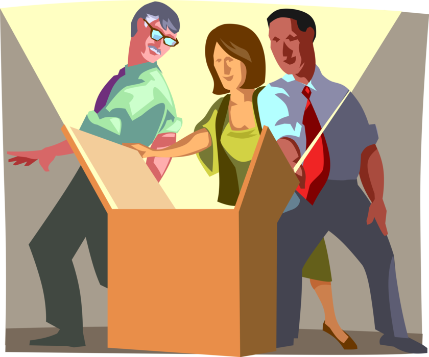 Vector Illustration of Office Workers Peering into Glowing Box
