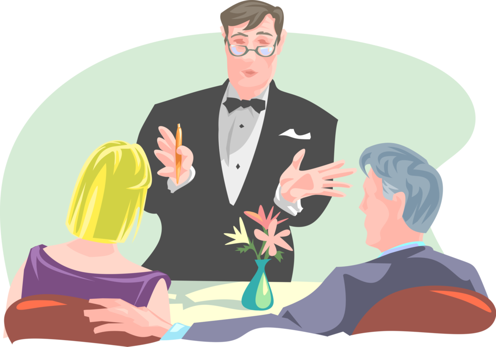 Vector Illustration of Waiter Describing Dinner Specials to Restaurant Guests