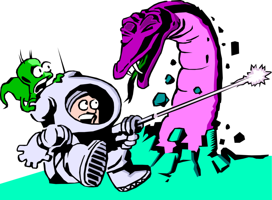 Vector Illustration of Spaceman with Extraterrestrial Space Alien Friend Battle Purple Dragon