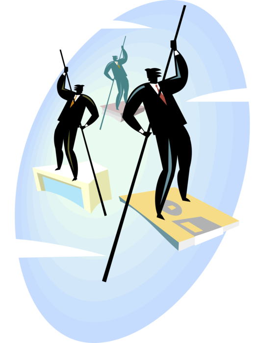 Vector Illustration of Businessmen Rafting with Poles Through Technology Cyberspace