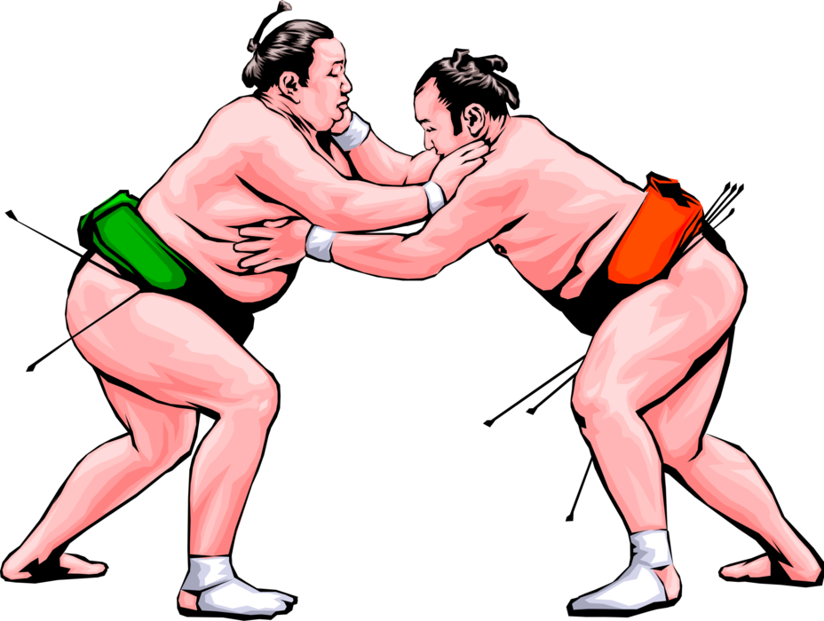 Vector Illustration of Japanese Sumo Wrestlers Wrestle in Competition