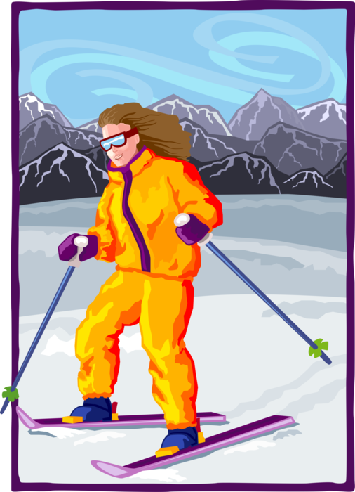 Vector Illustration of Female Downhill Alpine Skier Skiing in the Alps