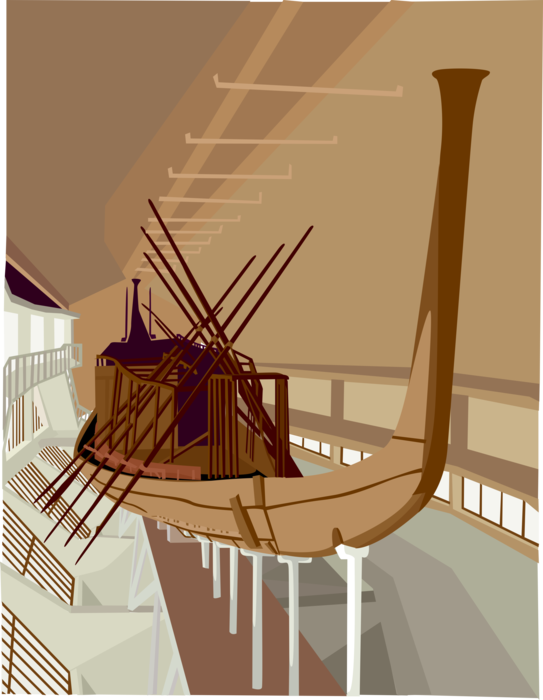 Vector Illustration of Ancient Egyptian Khufu Boat Preserved in Giza Solar Museum Beside Great Pyramids