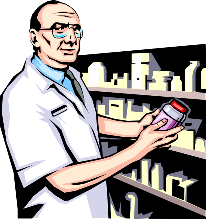 Vector Illustration of Pharmacist Preparing Pharmaceutical Drug Dispensed by Medical Prescription