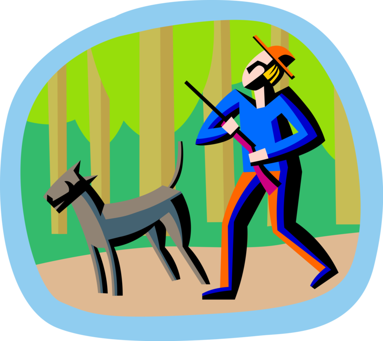 Vector Illustration of Hunter with Shotgun Rifle Hunting with Retriever Dog
