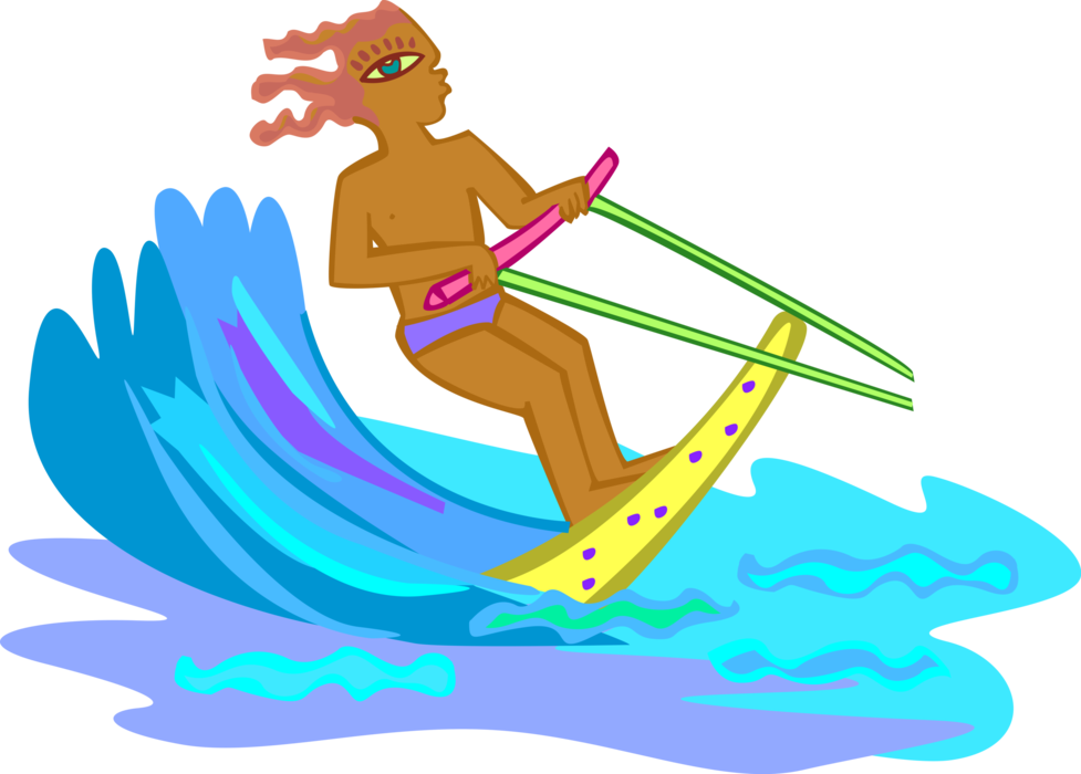Vector Illustration of Water Skier Water Skiing From Boat on Towline.