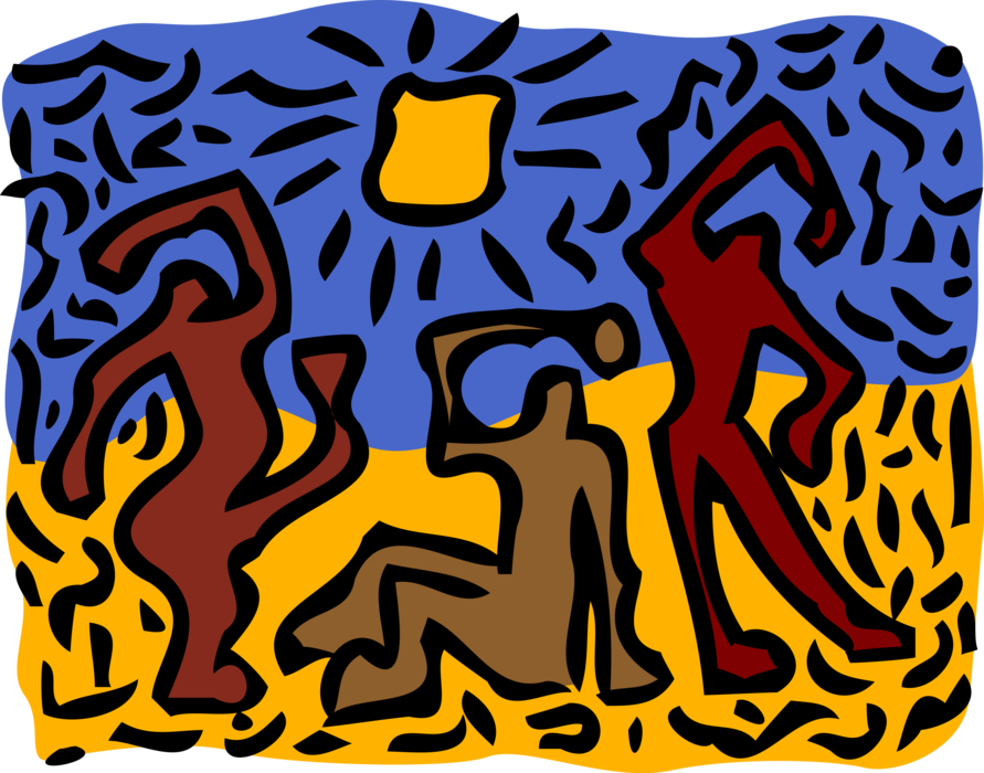 Vector Illustration of African Figures Dancing in Sunshine