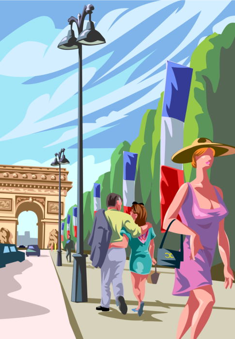 Vector Illustration of Tourists Walking Along Avenue des Champs-Élysées with Arc De Triomphe, Paris, France