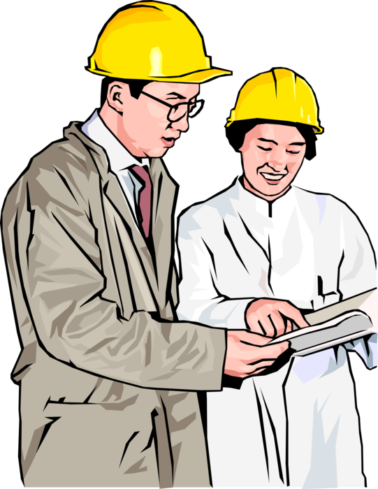 Vector Illustration of Plant Workers in Hard Hats Discussing Plans