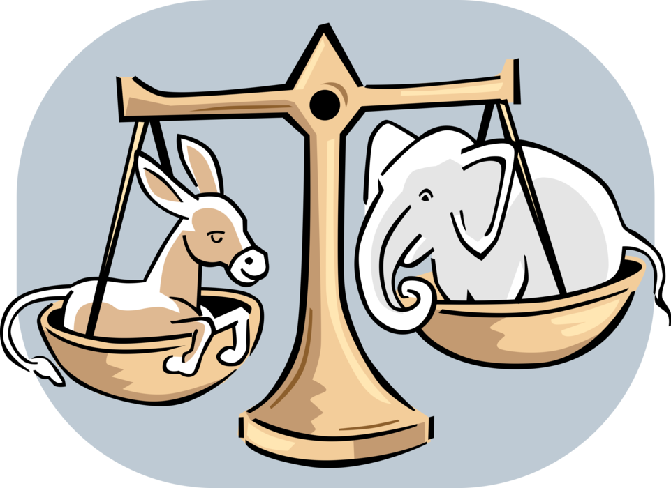 Vector Illustration of United States Republican and Democrat Symbols Donkey and Elephant in Balance Scales