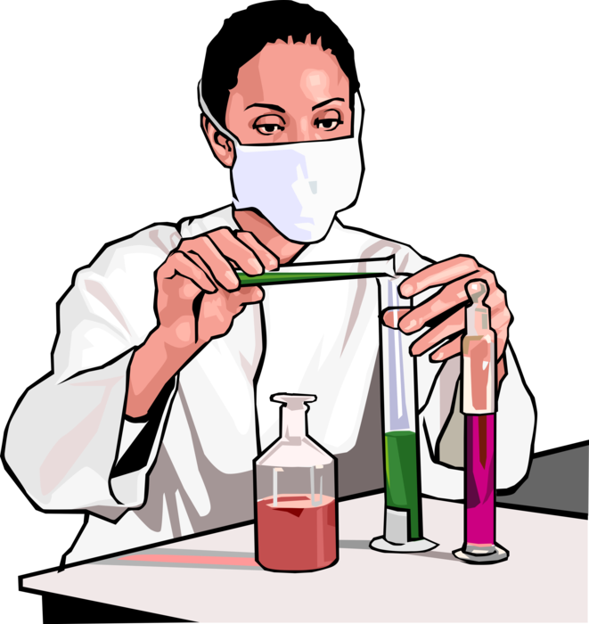 Vector Illustration of Laboratory Research Chemist with Test Tube and Flasks