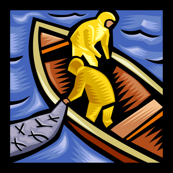 Vector Illustration of Commercial Fishermen Hauling Nets into Trawler Boat with Fish Catch
