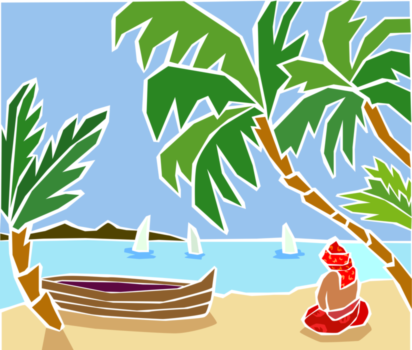 Vector Illustration of Beach Scene with Palm Trees and Sailboats