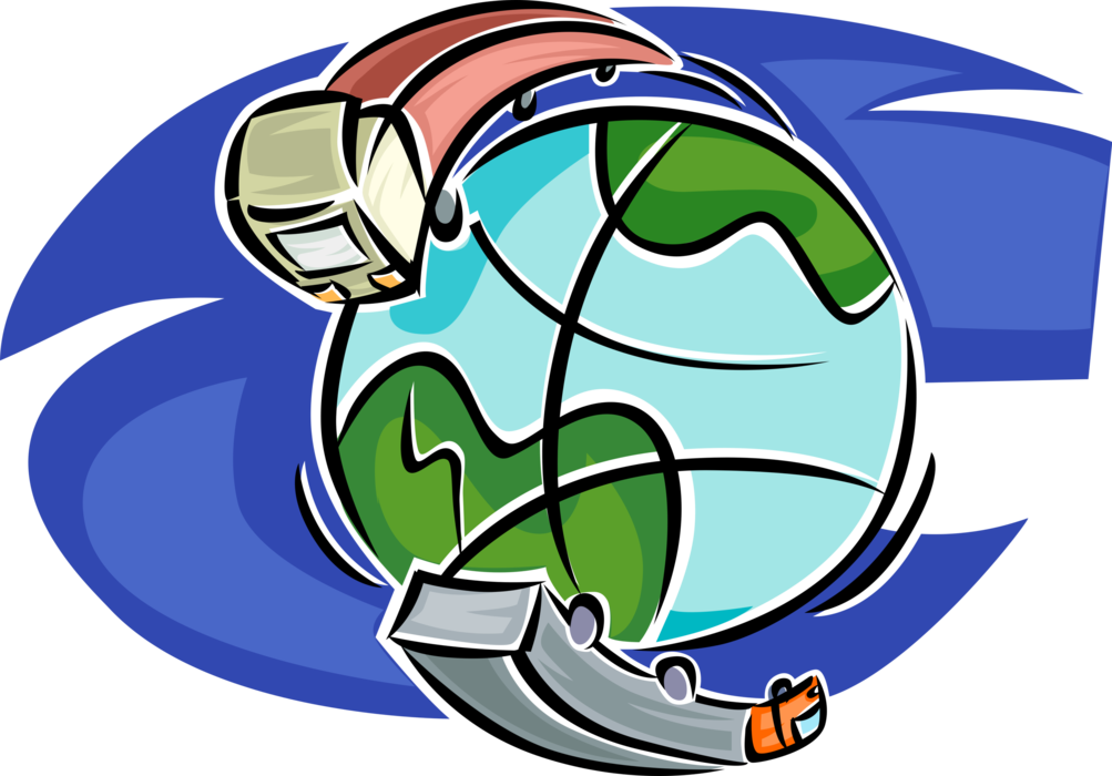 Vector Illustration of International Delivery Transport Truck Vehicles Encircling the Earth Globe