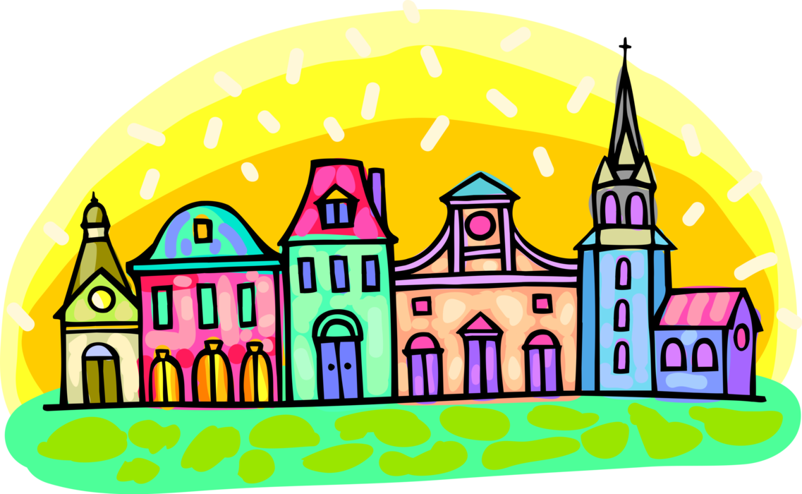 Vector Illustration of European City Scene with Buildings and Church