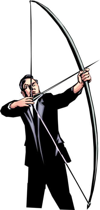 Vector Illustration of Businessman Archer Shooting an Arrow with Bow to Hit the Target