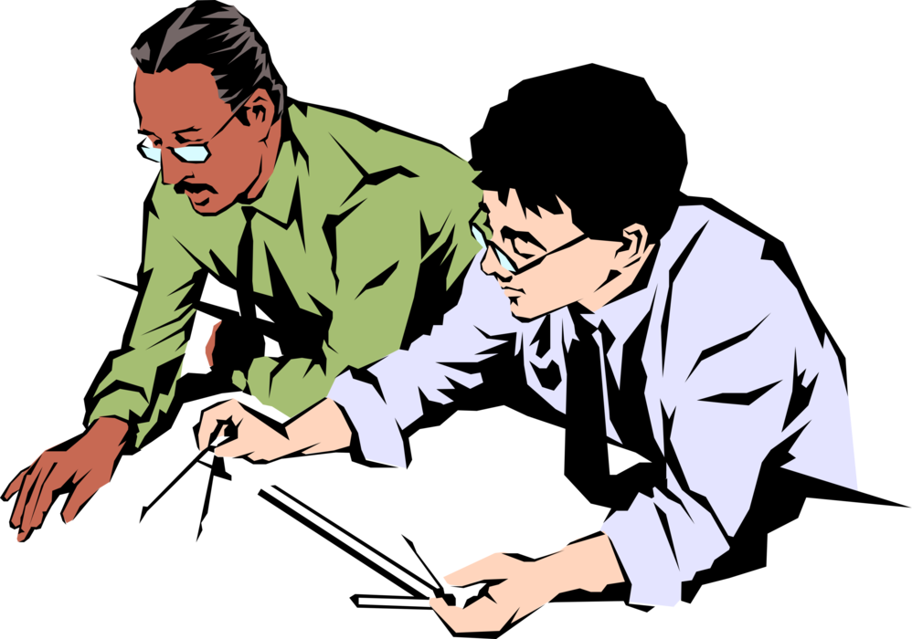Vector Illustration of Draftsmen with Compass and Rulers at Drafting Table