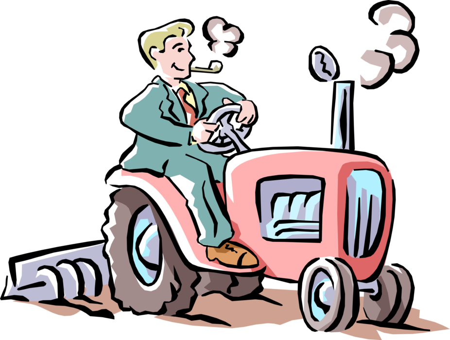 Vector Illustration of Businessman Farmer Drives Tractor and Tills the Soil
