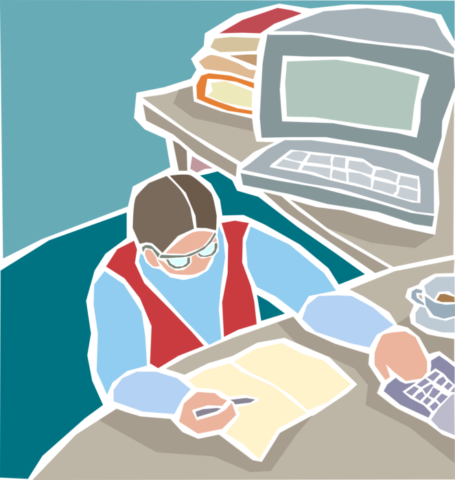 Vector Illustration of Accountant Bookkeeper with Calculator Working at Desk with Computer