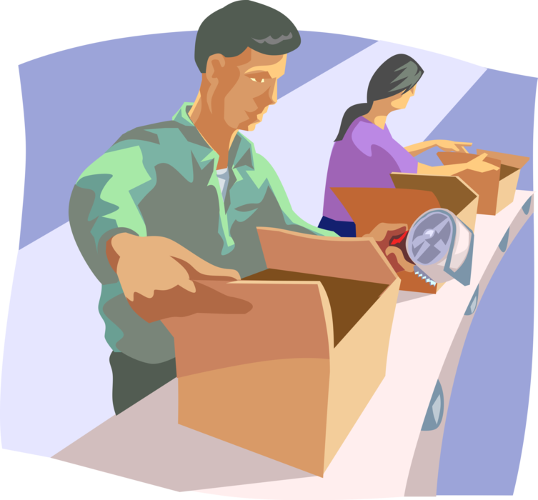 Vector Illustration of Assembly Line Workers Packing Products