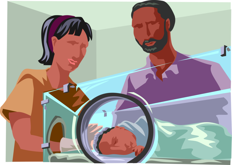 Vector Illustration of Parents in Neonatal Intensive Care with Newborn Premature Baby
