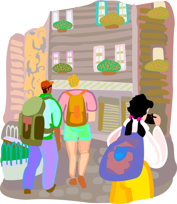 Vector Illustration of Hikers with Backpacks on Vacation Take Walking Tour of Town