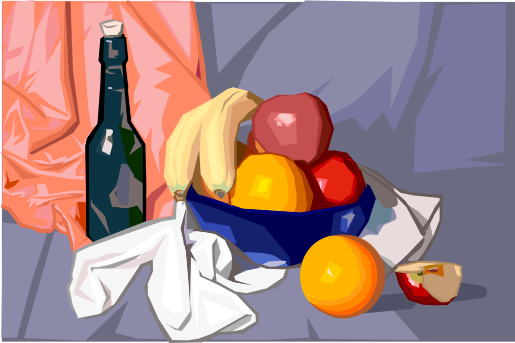 Vector Illustration of Bottled Beverage with Fruit Bowl Apples, Oranges and Bananas