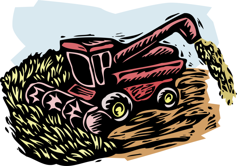 Vector Illustration of Farm Equipment Combine Harvester Harvests Grain Crops