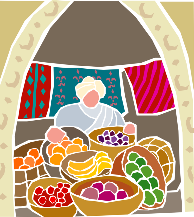Vector Illustration of Middle Eastern Souq Bazaar Market Vendor Selling Fresh Fruit