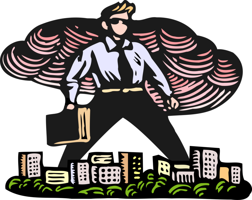 Vector Illustration of Businessman Giant Towering Over City