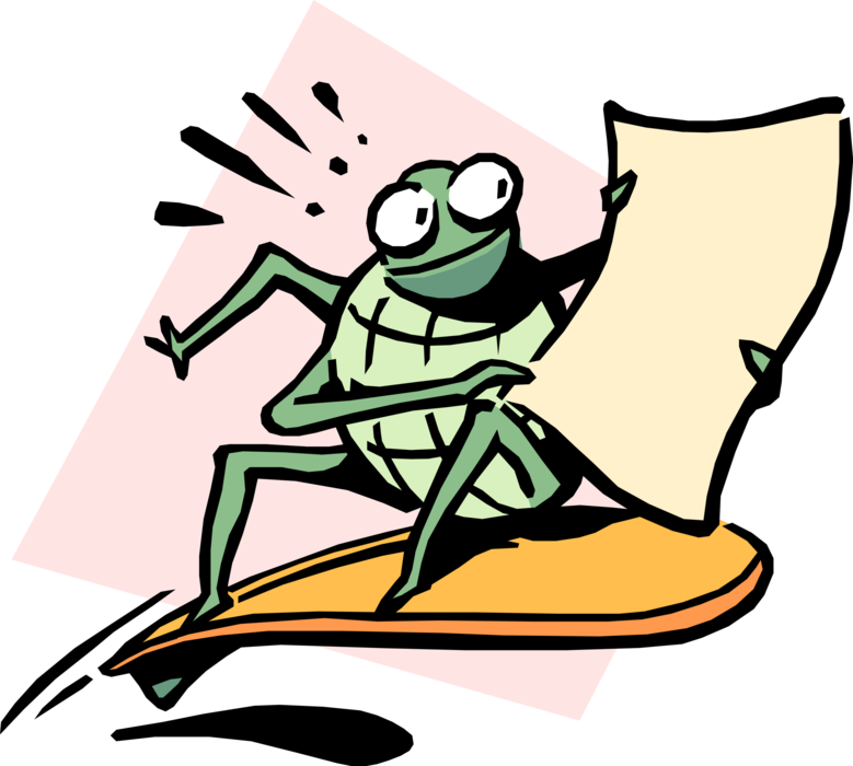 Vector Illustration of Businessman Green Bug Surfer Surfing on Surfboard