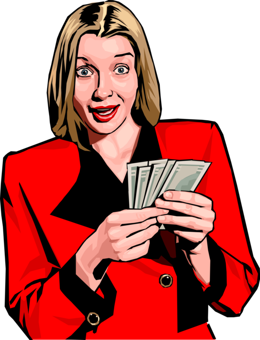 Vector Illustration of Woman Receives Surprise Unexpected Windfall Bonanza of Cash Money Dollars