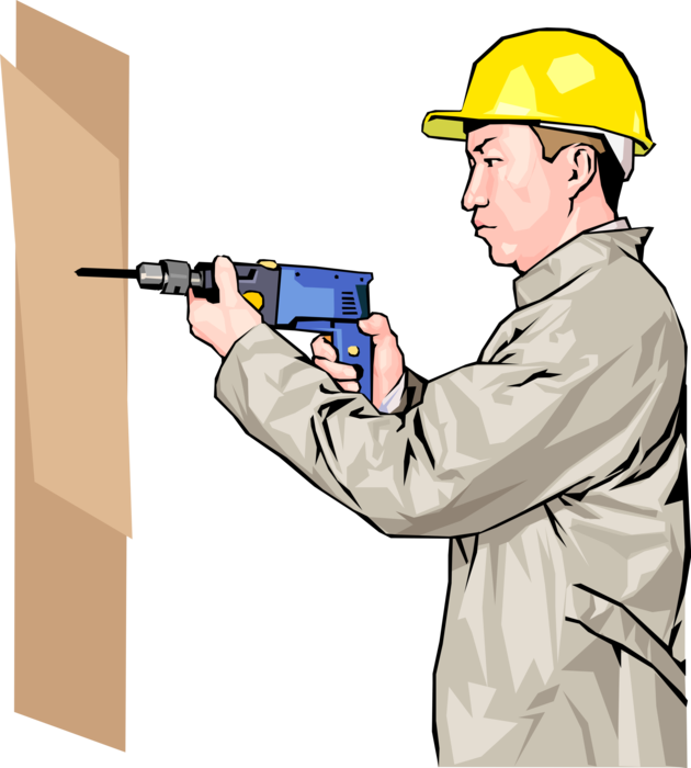 Vector Illustration of Construction Worker with Electric Drill on Building Site