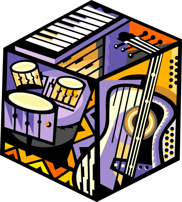 Vector Illustration of Musical Interactions of Percussion, Keyboards and Guitar Instruments