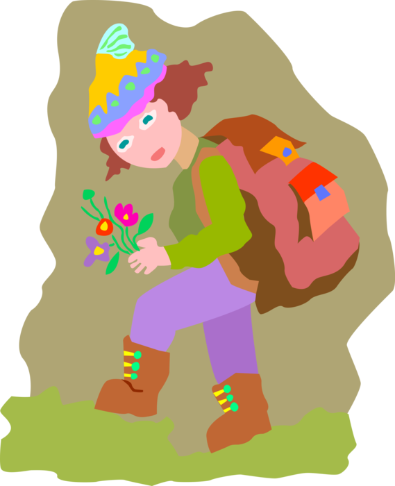 Vector Illustration of Outdoor Hiker Picks Flowers While Hiking