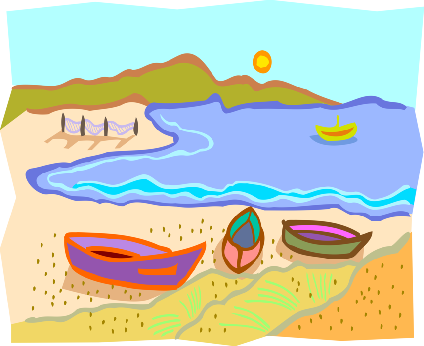 Vector Illustration of Beach with Fishing Boats and Nets on Shore