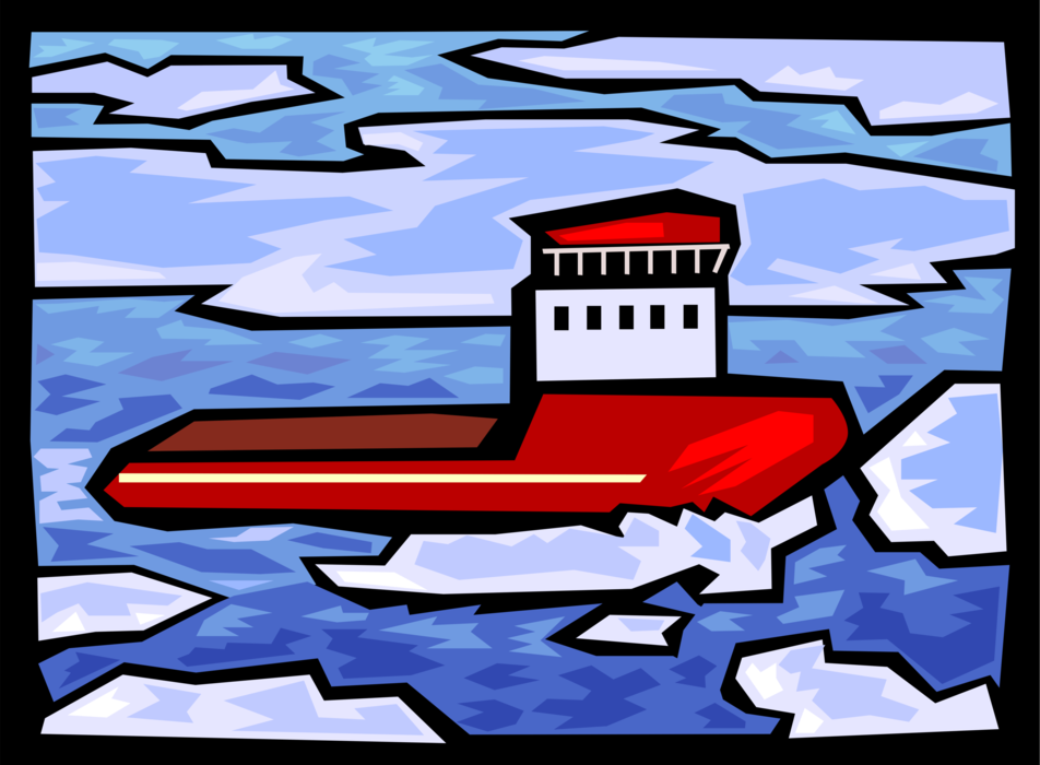 Vector Illustration of Polar Icebreaker Ship Breaks Up Arctic Ice to Clear Navigation Channel