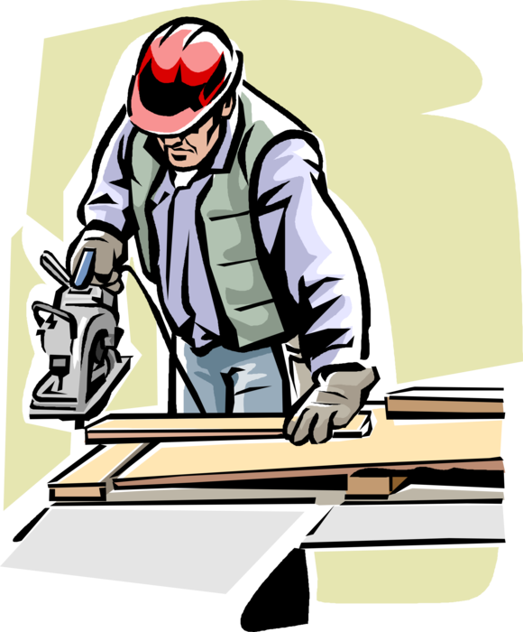 Vector Illustration of Construction Worker with Electric Circular Saw Sawing Wood