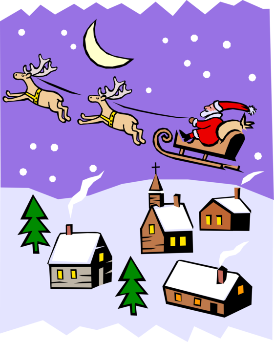 Vector Illustration of Santa's Sleigh with Reindeer Ride into the Night in Christmas Scene