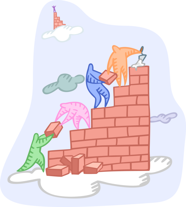 Vector Illustration of Mason Bricklayers Build Masonry Brick Wall