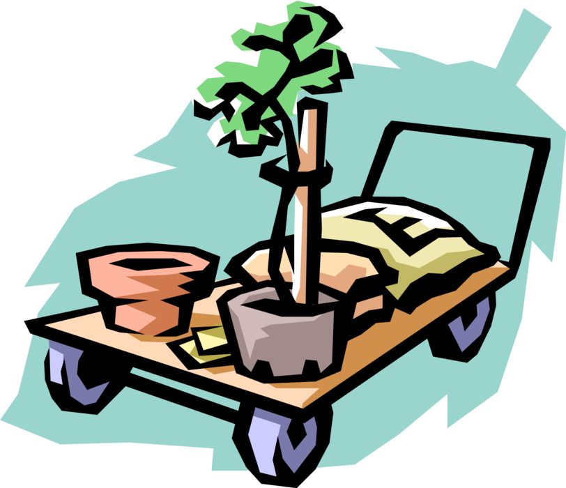 Vector Illustration of Garden Nursey Handcart with Plants and Soil