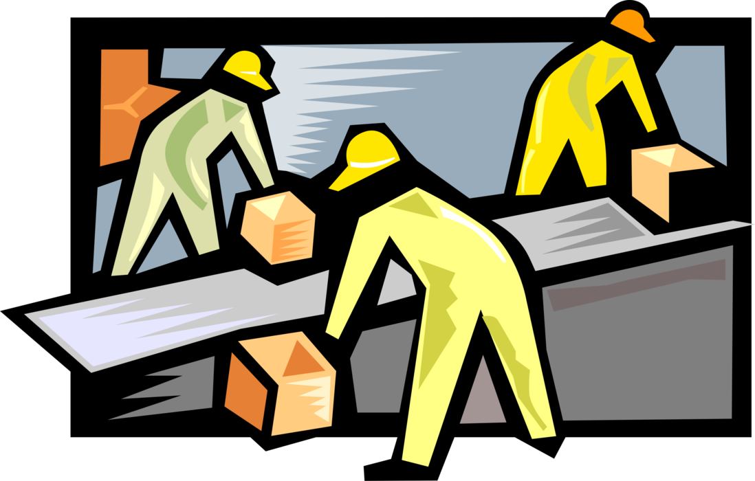 Vector Illustration of Assembly Line Factory Workers with Packages on Conveyor Belt