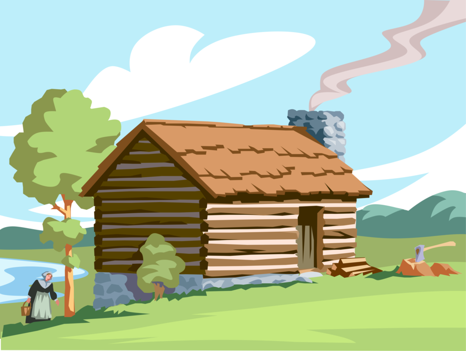 Vector Illustration of American Pioneer Hewn-Wood Squared Log Style Cabin in Wilderness