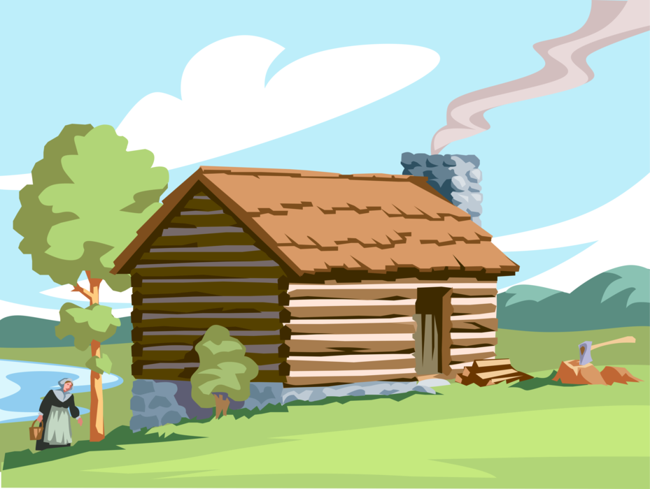 Vector Illustration of American Pioneer Hewn-Wood Squared Log Style Cabin in Wilderness